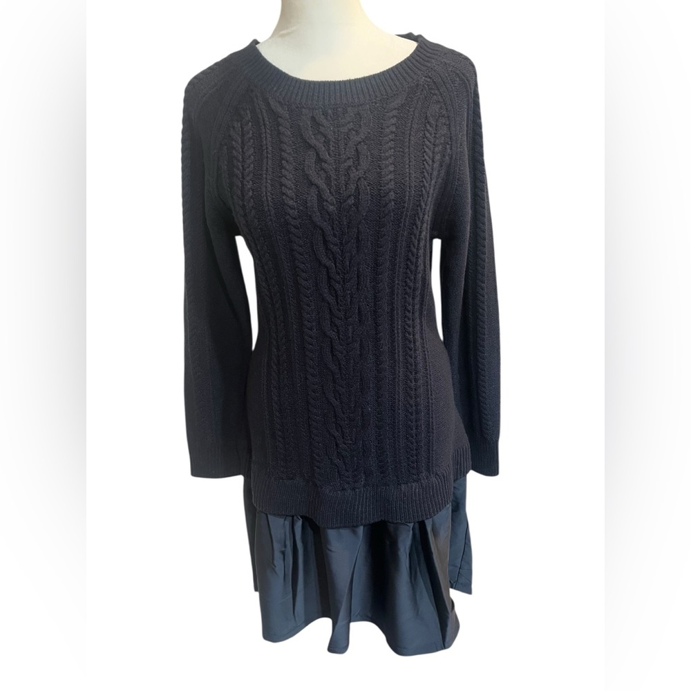 Navy Blue Crew Neck Cable Knit Sweater Mini Dress w/Satin Skirt - Medium